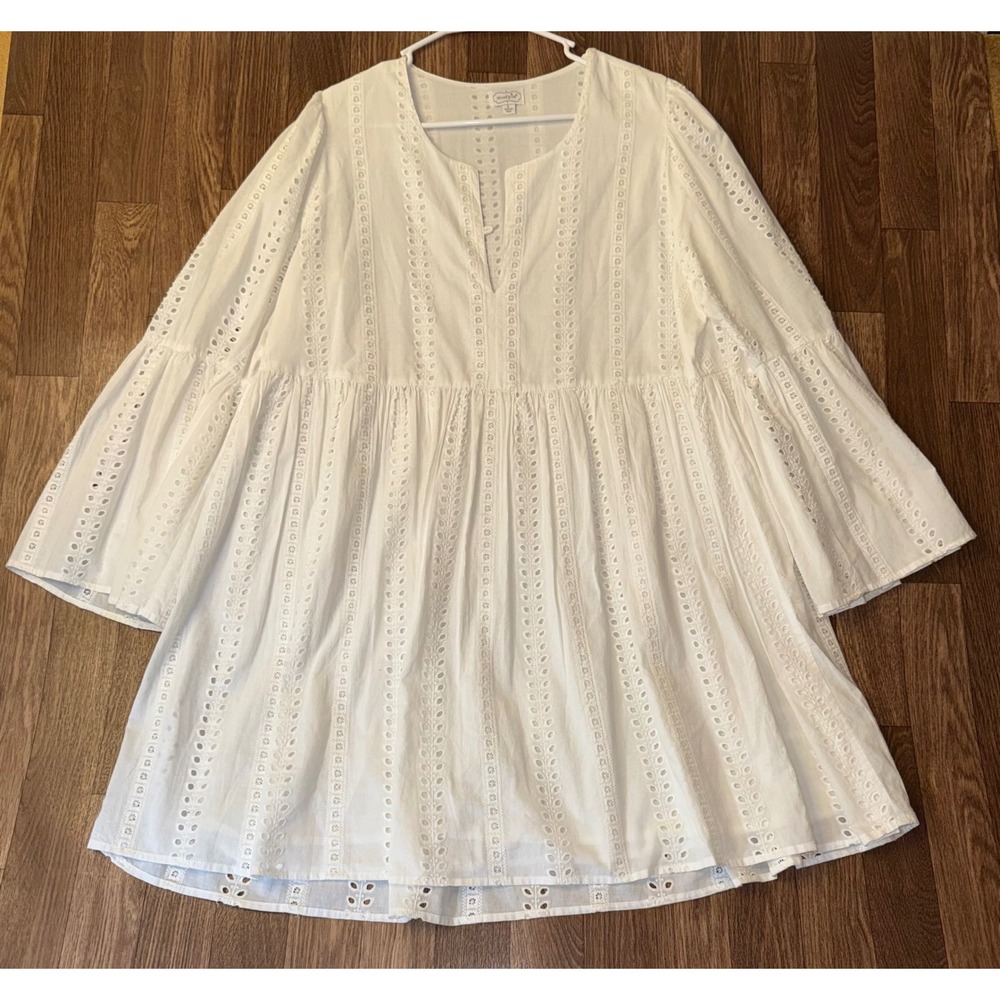 Mud Pie White Cotton Eyelet Embroidered Bell Sleeve Babydoll Tunic Dress Large